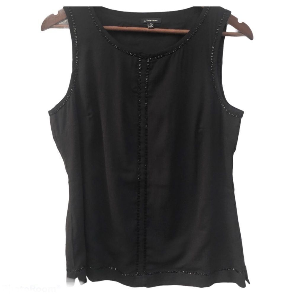J. Peterman Black beaded sleeveless top blouse romantic goth 6